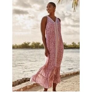 J.Jill Dress Womens Medium Pink Floral Sleeveless Maxi Ruffle Hem Boho Lined
